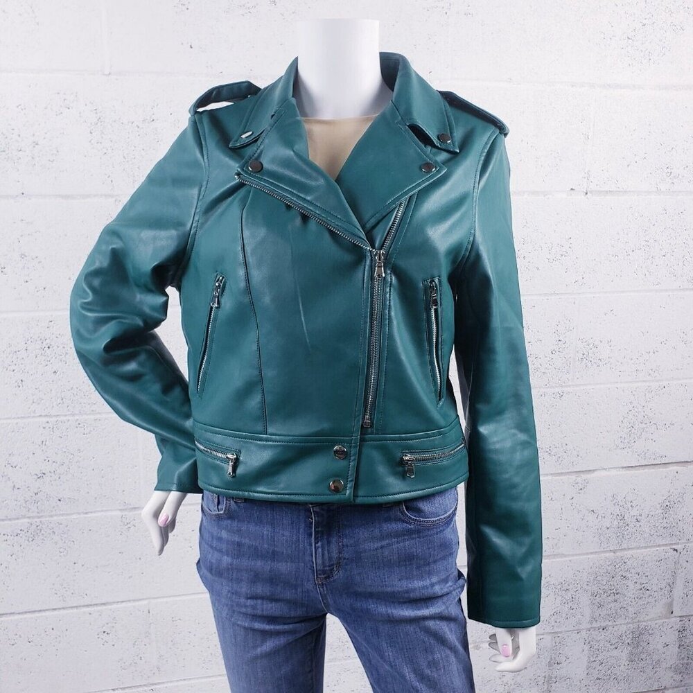 Deluc Gramercy Vegan Faux Leather Moto Jacket Cropped Green Size Large 5236D
